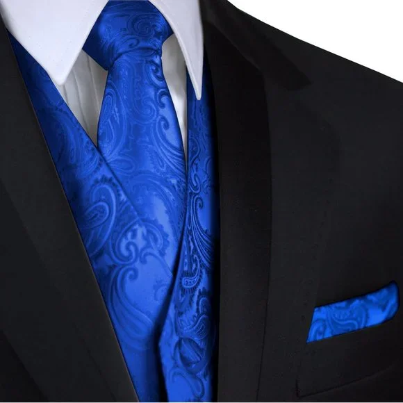 White Tie Tuxedo Men's Royal Blue Paisley Tuxedo Vest, Tie & Hankie Set - Formal Wedding Prom Attire Used Men Tuxedo - Foto 7